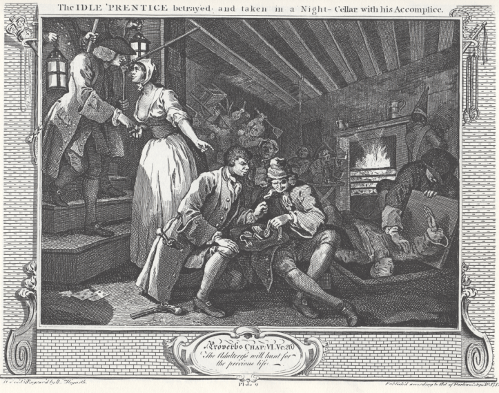 1280px-William_Hogarth_-_Industry_and_Idleness,_Plate_9;_The_Idle_'Prentice_betrayed_and_taken_in_a_Night-Cellar_with_his_Accomplice